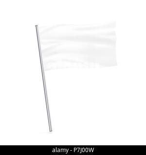 Blank white flag mock up stand at white background isolated. Large wavy flagpole mockup ready for business logo design presentation. Surrender symbol empty banner. Clear standart sign. Stock Photo