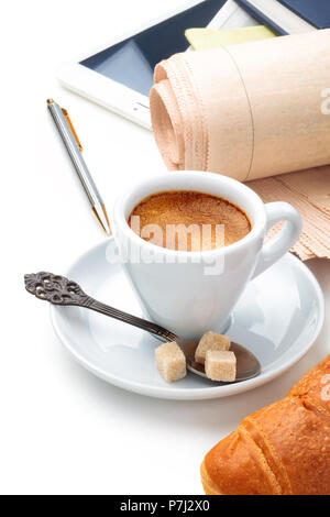Coffee and newspapers isolated on white background. Stock Photo