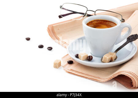 Coffee and newspapers isolated on white background. Stock Photo