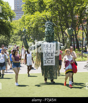 In a national day of protest against the cruel and unjust treatment of families at the Mexican US border thousands of New Yorkers rallied and marched over the Brooklyn Bridge speaking out against the fascist like immigration policies of the Trump Administration. Stock Photo