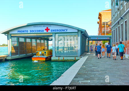 Venice, Italy - June 18, 2018:  Emergency medical service boat station  - Pronto Soccorso (it.) Stock Photo