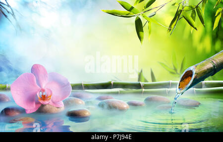 Zen Garden - Orchid In Japanese Fountain With Rocks And Bamboo Stock Photo