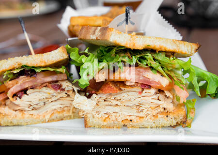 Delicious turkey club sandwich on toast with bacon, lettuce and tomato. Stock Photo