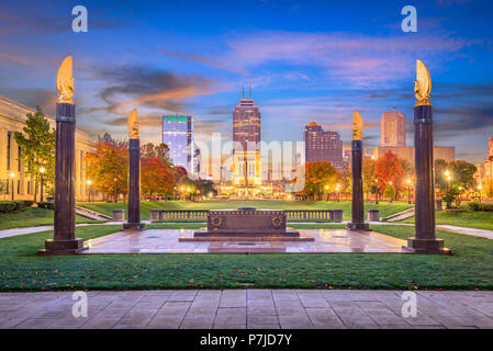 Indianapolis, Indiana, USA monuments and downtown skyline at dusk. Stock Photo