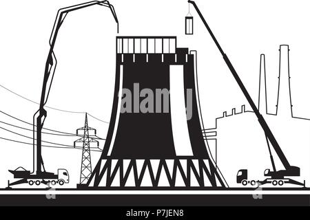 Construction of cooling tower in power plant - vector illustration Stock Vector