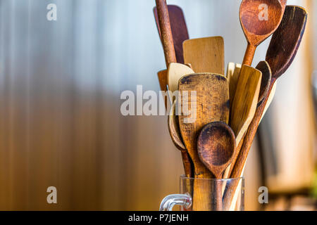 Group of wooden kitchen spoons Stock Photo