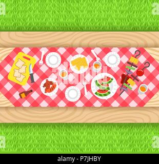 Summer barbecue picnic background. Vector flat illustration. Outdoor party banner. Grilled sausages, corn, watermelon, vegetables on skewers. BBQ food Stock Vector
