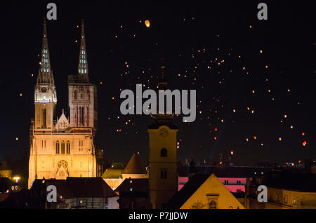 Floating lanterns festival in Zagreb, Croatia with cathedral in background Stock Photo