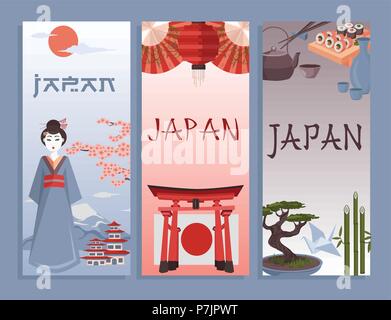 I love Japan poster. Traditional Japanese symbols vector illustration. Vertical composition banners. Colorful icons of Japan culture. Geisha, Torii, J Stock Vector