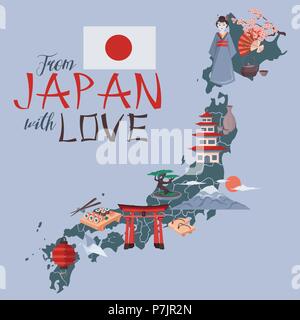 I love Japan poster. Japanese map with colorful symbols of Japan culture vector illustration. Geisha, Fujiyama, Japanese temple etc. Stock Vector