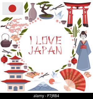 I love Japan poster. Japanese symbols vector illustration isolated on white. Colorful icons of Japan culture in circle compostion with text. Geisha, F Stock Vector