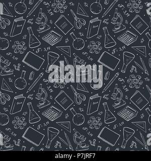 School doodle background. Vector seamless pattern from school elements hand drawn on blackboard. Back to school backdrop in sketch style. Stock Vector