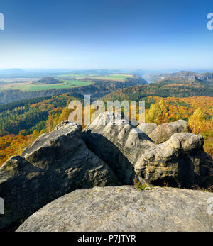 Germany, Saxony, near Schmilka, Elbe Sandstone Mountains, Saxon Switzerland National Park, view from Kipphorn, view of Elbe Valley across rocks and forests Stock Photo