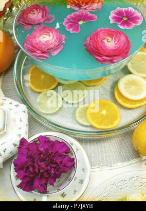 still life, flowers, flower bowl, orange slices, detail, from above, Stock Photo