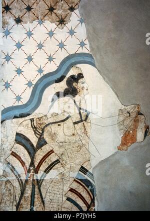 Minoan fresco. Akrotiri, Island of Thera (Santorini). House of Ladies. Lady offering a necklace to a goddess. 1650 BC. Museum of Prehistoric Thera. Santorini, Greece. Stock Photo