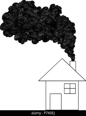 Vector Artistic Drawing Illustration of Smoke Coming from House Chimney, Air Pollution Concept Stock Vector