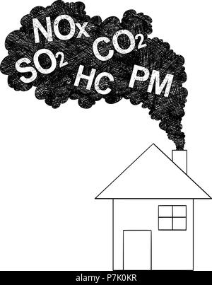 Vector Artistic Drawing Illustration of Smoke Coming from House Chimney, Air Pollution Concept Stock Vector