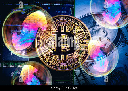 Bitcoin, coin, computer circuit board, dollar bill, soap bubble, Bitcoin Stock Photo