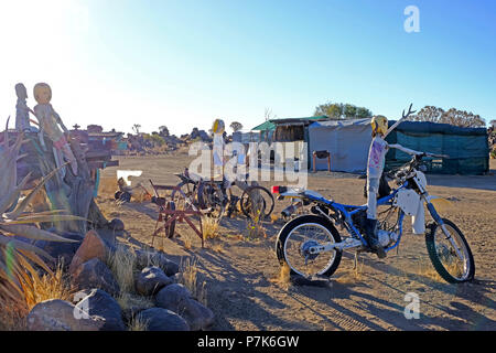 Garas Camp Camping with many old, imaginatively converted equipment and vehicles and life-size dummies in Namibia close Keetmanshoop Stock Photo