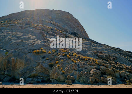 Large, eroded rock with hill of slip rock and sparse, dry grass in the Brandberg area in Namibia, Damaraland Stock Photo