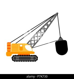 Crane with wrecking ball isolated. Construction machinery vector illustration Stock Vector