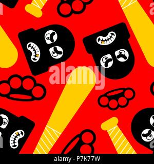 Robber pattern seamless. Burglar and brass knuckle and Baseball bat ornament. Rogue vector background Stock Vector