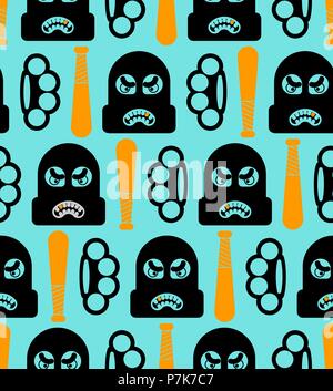 Robber pattern seamless. Burglar and brass knuckle and Baseball bat ornament. Rogue vector background Stock Vector
