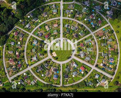 Aerial view, allotment garden, round gardens on the Cäcilienstraße, circle, circular, Kamp-Lintfort, Lower Rhine, North Rhine-Westphalia, Germany Stock Photo