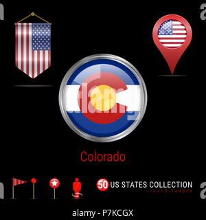 Round Chrome Vector Badge with Colorado US State Flag. Pennant Flag of USA. Map Pointer - USA. Map Navigation Icons Stock Vector