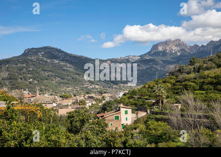 View over Soller to the Tramuntana mountains, Soller, Mallorca, Balearic Islands, Spain Stock Photo