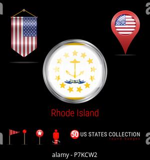Round Chrome Vector Badge with Rhode Island US State Flag. Pennant Flag of USA. Map Pointer - USA. Map Navigation Icons Stock Vector