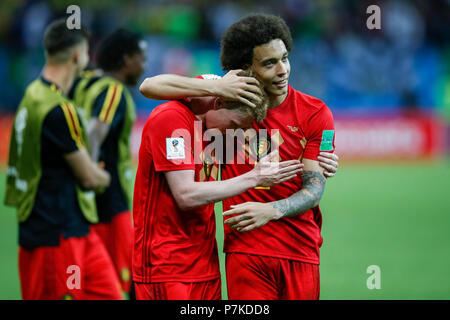 Kevin De Bruyne of Belgium and Axel Witsel of Belgium celebrate after the 2018 FIFA World Cup Quarter Final match between Brazil and Belgium at Kazan Arena on July 6th 2018 in Kazan, Russia. (Photo by Daniel Chesterton/phcimages.com) Stock Photo