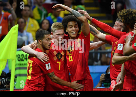 Kazan, Russia. 6th July 2018. Kazan, Russland. 06th July, 2018. collective goal cheering for Kevin DE BRUYNE (BEL, 2nd from left) after goal to 0-2 with Eden HAZARD (BEL, left) and Axel WITSEL (BEL), action, jubilation, joy, enthusiasm, Brazil (BRA) - Belgium (BEL) 1-2, Quarterfinals, Round of Eight, Game 58 on 06.07.2018 in Kazan, Kazan Arena. Football World Cup 2018 in Russia from 14.06. - 15.07.2018. | usage worldwide Credit: dpa/Alamy Live News Credit: dpa picture alliance/Alamy Live News Stock Photo