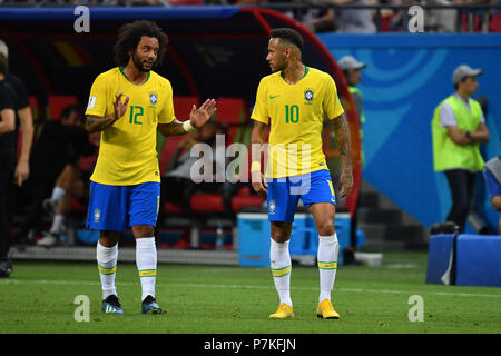 Kazan, Russia. 6th July 2018. v.re:NEYMAR (BRA), MARCELO (BRA), gestures, action. Brazil (BRA) - Belgium (BEL) 1-2, Quarter-Finals, Round of Eight, Game 58 on 06.07.2018 in Kazan, Kazan Arena. Football World Cup 2018 in Russia from 14.06. - 15.07.2018. | usage worldwide Credit: dpa picture alliance/Alamy Live News Stock Photo