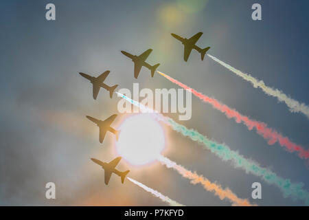 Southport, Merseyside. 6th July 2018. UK Weather.  Southport Air Show Red Arrows and Battle of Britain Lancaster bomber perform over the extensive sands of the north-west coast. Credit: MediaWorldImages/AlamyLiveNews. Stock Photo