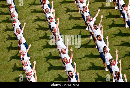 Prague, Czech Republic. 06th July, 2018. Second collective gymnastic performances within the 16th Sokol festival was held in the Eden Arena, Prague, Czech Republic, on July 6, 2018. Credit: Vit Simanek/CTK Photo/Alamy Live News Stock Photo