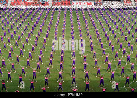 Prague, Czech Republic. 06th July, 2018. Second collective gymnastic performances within the 16th Sokol festival was held in the Eden Arena, Prague, Czech Republic, on July 6, 2018. Credit: Vit Simanek/CTK Photo/Alamy Live News Stock Photo