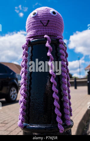 Sunderland, UK 7th July 2018: As the city gears up for the arrival of the Tall Ships next week, knitted creatures have arrived around the harbour courtesy of a local art group. The ships will arrive from Monday in advance of the start of the race on Saturday 14th July. (c) Paul Swinney/Alamy Live News Stock Photo