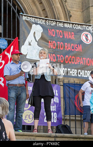 Liverpool, UK. 7th July 2018. Protesters gather at a rally in Liverpool ...