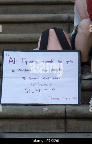 Liverpool, UK. 7th July 2018. Protesters gather at a rally in Liverpool ...