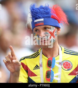 Samara, Russia. 7th July, 2018. A fan is seen prior to the 2018 FIFA World Cup quarter-final match between Sweden and England in Samara, Russia, July 7, 2018. Credit: Lu Jinbo/Xinhua/Alamy Live News Stock Photo