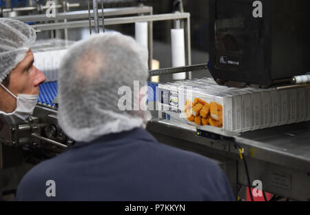 Bremerhaven, Germany. 25th June, 2018. FROSTA employees beside a machine for packing fish sticks. Credit: Carmen Jaspersen/dpa/Alamy Live News Stock Photo