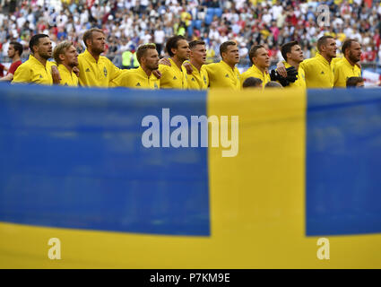 Samara, Russia. 7th July, 2018. Players of Sweden are seen prior to the 2018 FIFA World Cup quarter-final match between Sweden and England in Samara, Russia, July 7, 2018. Credit: Chen Yichen/Xinhua/Alamy Live News Stock Photo