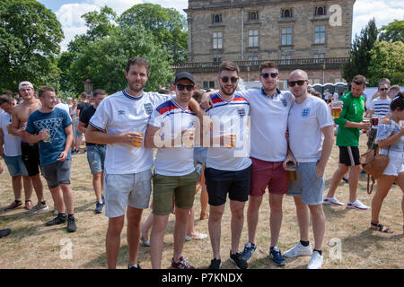 Nottingham, UK. 7th July 2018. Football fans watching the England v Sweden FIFA World Cup 2018 game at an open air screening in the grounds of Nottingham Castle, Credit: Gareth Tibbles Credit: Gareth Tibbles/Alamy Live News Credit: Gareth Tibbles/Alamy Live News Stock Photo