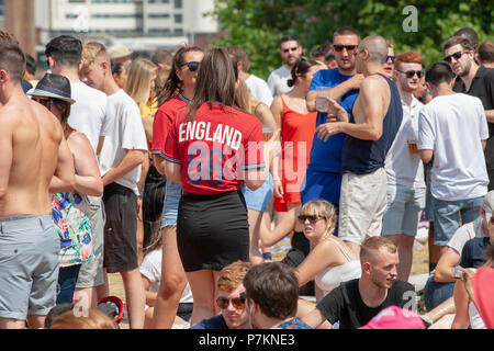 Nottingham, UK. 7th July 2018. Football fans watching the England v Sweden FIFA World Cup 2018 game at an open air screening in the grounds of Nottingham Castle, Credit: Gareth Tibbles Credit: Gareth Tibbles/Alamy Live News Credit: Gareth Tibbles/Alamy Live News Stock Photo