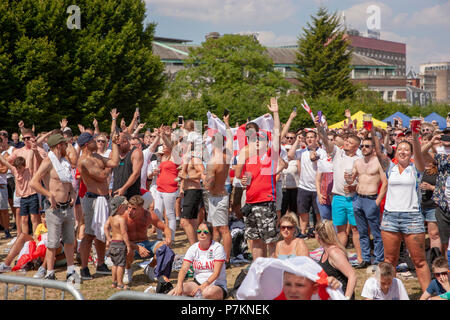 Nottingham, UK. 7th July 2018. Football fans watching the England v Sweden FIFA World Cup 2018 game at an open air screening in the grounds of Nottingham Castle, Credit: Gareth Tibbles Credit: Gareth Tibbles/Alamy Live News Credit: Gareth Tibbles/Alamy Live News Stock Photo