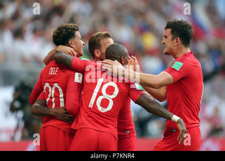 Samara, Russia. 7th July 2018. Russia. 7th July 2018.Russia. 7th July 2018.Dele Alli celebrates England's 2nd with team-mates   GBC9388 2018 FIFA World Cup Russia Spartak Stadium Moscow STRICTLY EDITORIAL USE ONLY. If The Player/Players Depicted In This Image Is/Are Playing For An English Club Or The England National Team. Then This Image May Only Be Used For Editorial Purposes. No Commercial Use. The Following Usages Are Also Restricted EVEN IF IN AN EDITORIAL CONTEXT: Use in conjuction with, or part of, any unauthorized audio, video, data, fixture lists, club/league logos, Be Credit: Allstar Stock Photo
