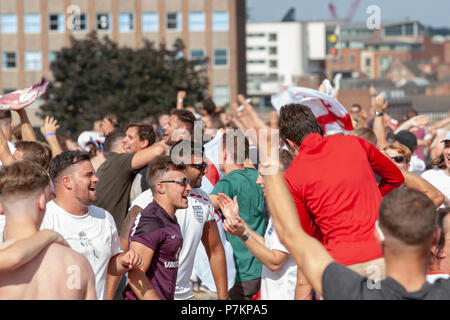 Nottingham, UK. 7th July 2018. Football fans watching the England v Sweden FIFA World Cup 2018 game at an open air screening in the grounds of Nottingham Castle, Credit: Gareth Tibbles Credit: Gareth Tibbles/Alamy Live News Stock Photo