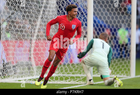 Samara, Russia. 7th July 2018. Dele Alli celebrates goal  GBC9425 2018 FIFA World Cup Russia Spartak Stadium Moscow STRICTLY EDITORIAL USE ONLY. If The Player/Players Depicted In This Image Is/Are Playing For An English Club Or The England National Team. Then This Image May Only Be Used For Editorial Purposes. No Commercial Use. The Following Usages Are Also Restricted EVEN IF IN AN EDITORIAL CONTEXT: Use in conjuction with, or part of, any unauthorized audio, video, data, fixture lists, club/league logos, Betting, Games or any 'live Credit: Allstar Picture Library/Alamy Live News Stock Photo