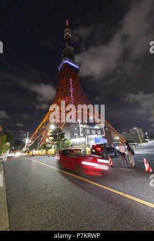 Tokyo, Japan. 7th July, 2018. Tokyo Tower is illuminated to celebrate the annual festival of Tanabata in Tokyo. Thousands of LED lights representing the Milky Way are decorating the first floor of Tokyo Tower's Main Deck to commemorate the annual celebration of Tanabata. According to legend, the Milky Way separates two lovers, Orihime (Vega) and Hikoboshi (Altair), who may only meet once a year on the seventh day of the seventh month of the calendar. Credit: Rodrigo Reyes Marin/via ZUMA Wire/ZUMA Wire/Alamy Live News Stock Photo